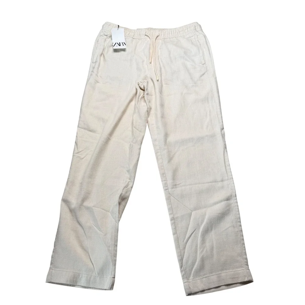ZARA Relaxed Fit Trousers Cream Textured Drawstring Men's Size XL NWT